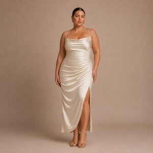 Meshki Claudette Satin Drape Dress Women 3XL Ivory Ruched Formal Wedding Guest